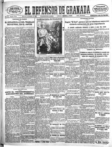 'El Defensor de Granada  : diario político independiente' - Año LIV Número 29046 Ed. Tarde - 1933 Diciembre 28