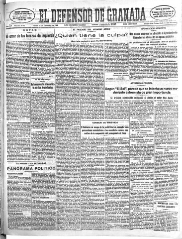 'El Defensor de Granada  : diario político independiente' - Año LIV Número 29047 Ed. Mañana - 1933 Diciembre 29
