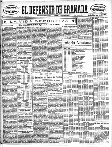 'El Defensor de Granada  : diario político independiente' - Año LV Número 29088 Ed. Tarde - 1934 Enero 22