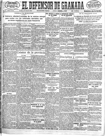 'El Defensor de Granada  : diario político independiente' - Año LV Número 29198 Ed. Tarde - 1934 Marzo 27