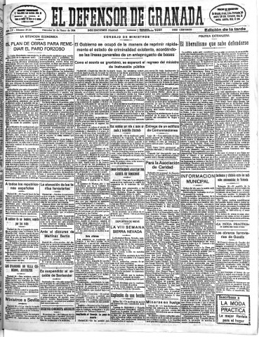 'El Defensor de Granada  : diario político independiente' - Año LV Número 29200 Ed. Tarde - 1934 Marzo 28
