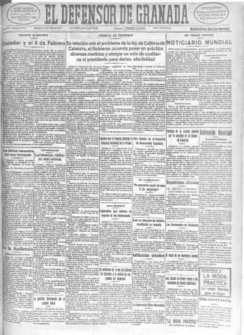 'El Defensor de Granada  : diario político independiente' - Año LV Número 29323 Ed. Tarde - 1934 Junio 13