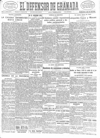 'El Defensor de Granada  : diario político independiente' - Año LV Número 29342 Ed. Tarde - 1934 Junio 27