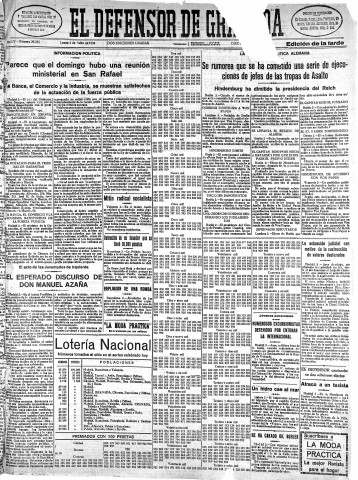 'El Defensor de Granada  : diario político independiente' - Año LV Número 29355 Ed. Tarde - 1934 Julio 02
