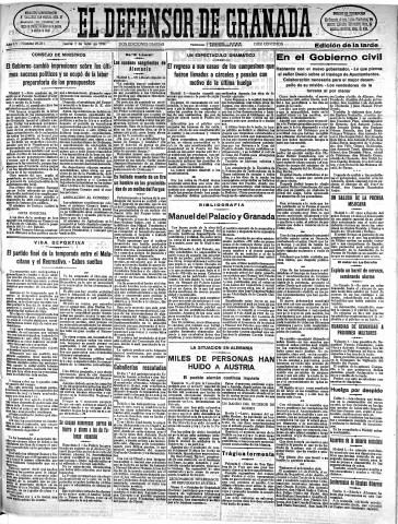 'El Defensor de Granada  : diario político independiente' - Año LV Número 29361 Ed. Tarde - 1934 Julio 05