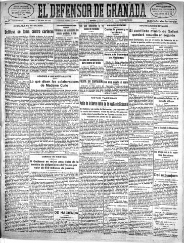 'El Defensor de Granada  : diario político independiente' - Año LV Número 29373 Ed. Tarde - 1934 Julio 13