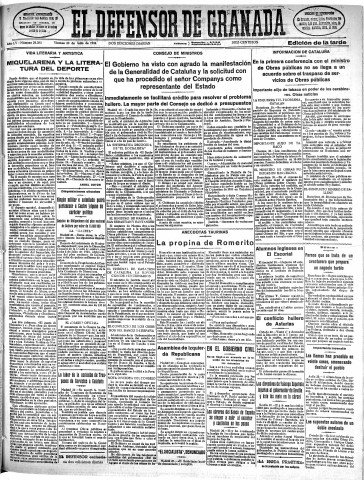 'El Defensor de Granada  : diario político independiente' - Año LV Número 29385 Ed. Tarde - 1934 Julio 20