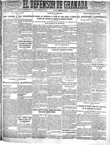 'El Defensor de Granada  : diario político independiente' - Año LV Número 29407 Ed. Mañana - 1934 Agosto 03