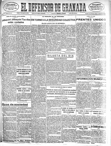 'El Defensor de Granada  : diario político independiente' - Año LV Número 29413 Ed. Mañana - 1934 Agosto 07