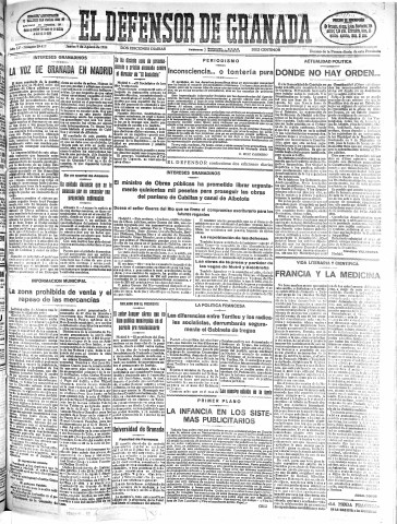'El Defensor de Granada  : diario político independiente' - Año LV Número 29417 Ed. Mañana - 1934 Agosto 09