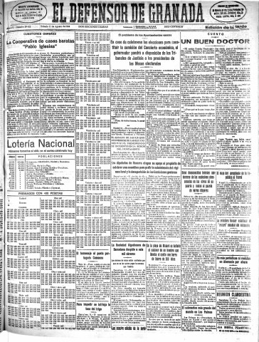 'El Defensor de Granada  : diario político independiente' - Año LV Número 29422 Ed. Tarde - 1934 Agosto 11
