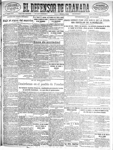 'El Defensor de Granada  : diario político independiente' - Año LV Número 29425 Ed. Mañana - 1934 Agosto 14