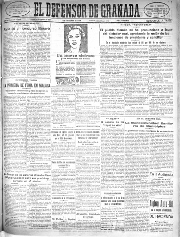 'El Defensor de Granada  : diario político independiente' - Año LV Número 29436 Ed. Tarde - 1934 Agosto 20