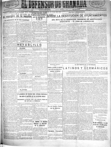 'El Defensor de Granada  : diario político independiente' - Año LV Número 29447 Ed. Mañana - 1934 Agosto 26