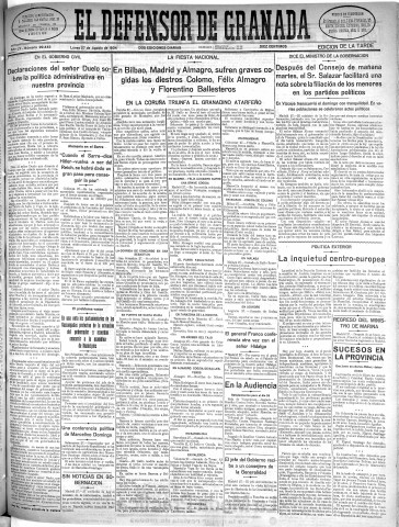 'El Defensor de Granada  : diario político independiente' - Año LV Número 29448 Ed. Tarde - 1934 Agosto 27
