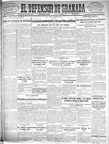 'El Defensor de Granada  : diario político independiente' - Año LV Número 29451 Ed. Mañana - 1934 Agosto 29