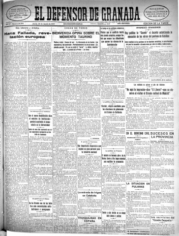 'El Defensor de Granada  : diario político independiente' - Año LV Número 29454 Ed. Tarde - 1934 Agosto 30