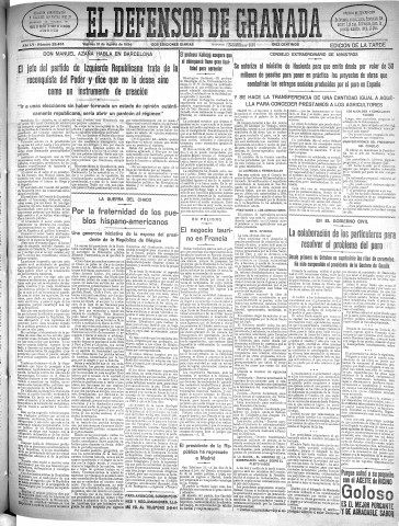 'El Defensor de Granada  : diario político independiente' - Año LV Número 29456 Ed. Tarde - 1934 Agosto 31