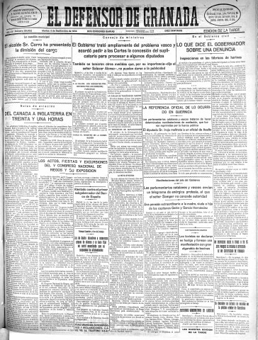 'El Defensor de Granada  : diario político independiente' - Año LV Número 29462 Ed. Tarde - 1934 Septiembre 04