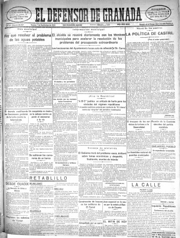 'El Defensor de Granada  : diario político independiente' - Año LV Número 29467 Ed. Mañana - 1934 Septiembre 07