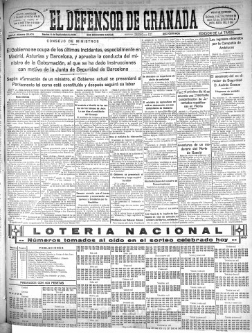 'El Defensor de Granada  : diario político independiente' - Año LV Número 29474 Ed. Tarde - 1934 Septiembre 11