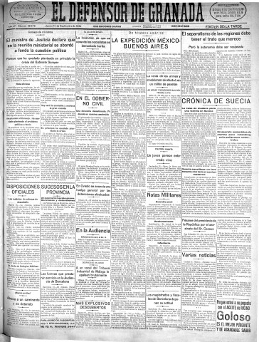 'El Defensor de Granada  : diario político independiente' - Año LV Número 29478 Ed. Tarde - 1934 Septiembre 13