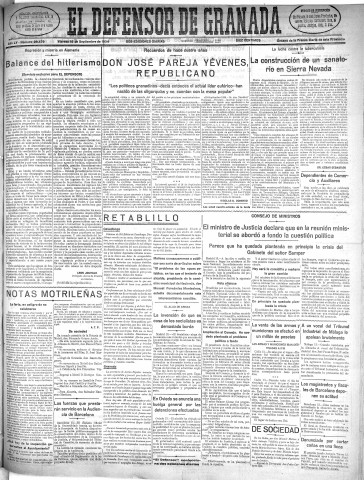 'El Defensor de Granada  : diario político independiente' - Año LV Número 29479 Ed. Mañana - 1934 Septiembre 14