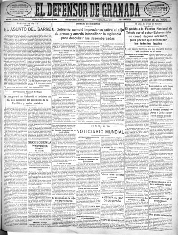 'El Defensor de Granada  : diario político independiente' - Año LV Número 29486 Ed. Tarde - 1934 Septiembre 18