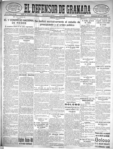 'El Defensor de Granada  : diario político independiente' - Año LV Número 29494 Ed. Tarde - 1934 Septiembre 22
