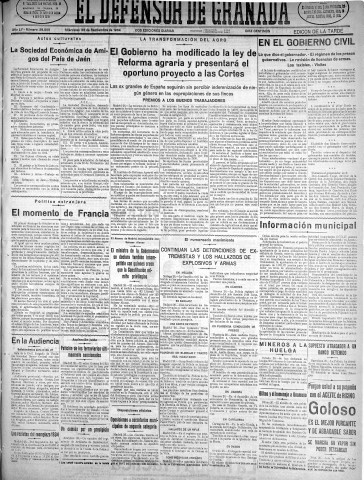 'El Defensor de Granada  : diario político independiente' - Año LV Número 29500 Ed. Tarde - 1934 Septiembre 26
