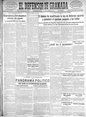 'El Defensor de Granada  : diario político independiente' - Año LV Número 29501 Ed. Mañana - 1934 Septiembre 27