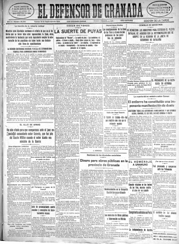 'El Defensor de Granada  : diario político independiente' - Año LV Número 29504 Ed. Tarde - 1934 Septiembre 28
