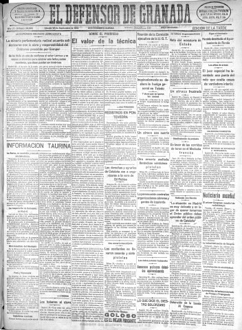 'El Defensor de Granada  : diario político independiente' - Año LV Número 29506 Ed. Tarde - 1934 Septiembre 29