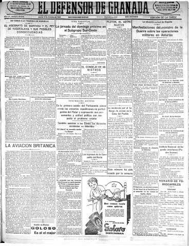 'El Defensor de Granada  : diario político independiente' - Año LV Número 29536 Ed. Tarde - 1934 Octubre 18
