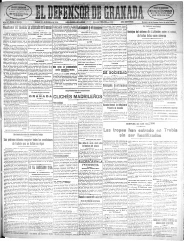 'El Defensor de Granada  : diario político independiente' - Año LV Número 29539 Ed. Mañana - 1934 Octubre 20