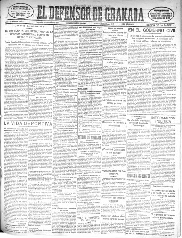 'El Defensor de Granada  : diario político independiente' - Año LV Número 29573 Ed. Tarde - 1934 Noviembre 08