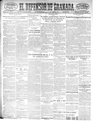 'El Defensor de Granada  : diario político independiente' - Año LV Número 29583 Ed. Tarde - 1934 Noviembre 14