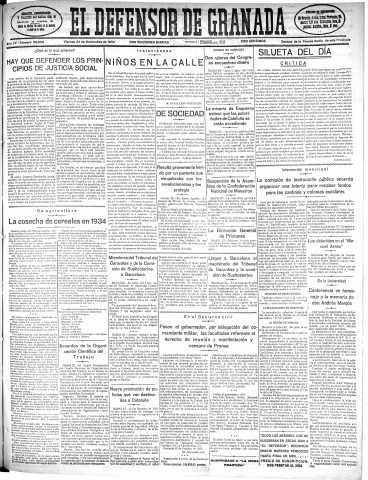 'El Defensor de Granada  : diario político independiente' - Año LV Número 29598 Ed. Mañana - 1934 Noviembre 23
