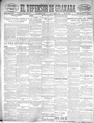 'El Defensor de Granada  : diario político independiente' - Año LV Número 29625 Ed. Tarde - 1934 Diciembre 08