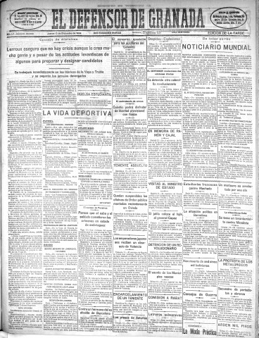 'El Defensor de Granada  : diario político independiente' - Año LV Número 29633 Ed. Tarde - 1934 Diciembre 13