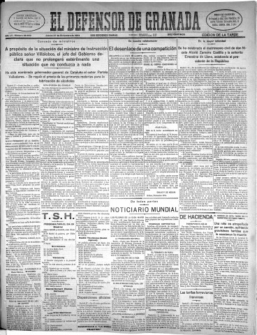 'El Defensor de Granada  : diario político independiente' - Año LV Número 29650 Ed. Tarde - 1934 Diciembre 27