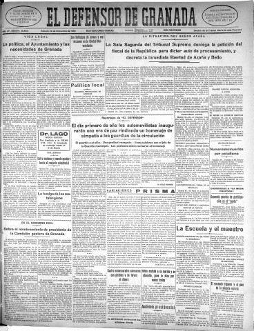 'El Defensor de Granada  : diario político independiente' - Año LV Número 29653 Ed. Mañana - 1934 Diciembre 29