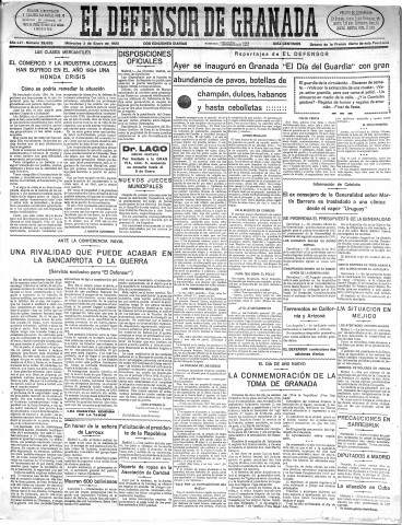 'El Defensor de Granada  : diario político independiente' - Año LVI Número 29659 Ed. Mañana - 1935 Enero 02