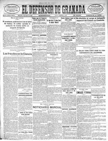 'El Defensor de Granada  : diario político independiente' - Año LVI Número 29672 Ed. Tarde - 1935 Enero 09