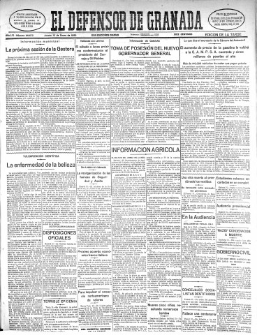 'El Defensor de Granada  : diario político independiente' - Año LVI Número 29675 Ed. Tarde - 1935 Enero 10