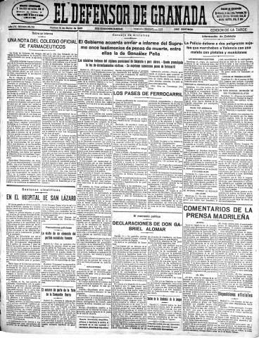 'El Defensor de Granada  : diario político independiente' - Año LVI Número 29781 Ed. Tarde - 1935 Marzo 15
