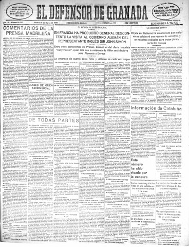 'El Defensor de Granada  : diario político independiente' - Año LVI Número 29787 Ed. Tarde - 1935 Marzo 19
