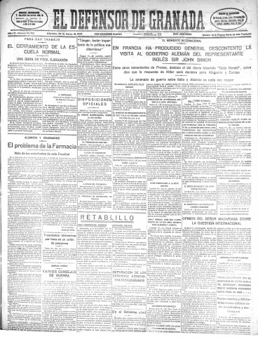 'El Defensor de Granada  : diario político independiente' - Año LVI Número 29788 Ed. Mañana - 1935 Marzo 20