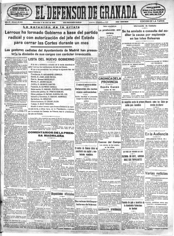 'El Defensor de Granada  : diario político independiente' - Año LVI Número 29812 Ed. Tarde - 1935 Abril 03