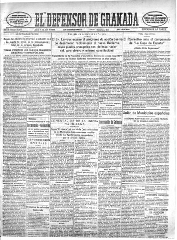 'El Defensor de Granada  : diario político independiente' - Año LVI Número 29814 Ed. Tarde - 1935 Abril 04